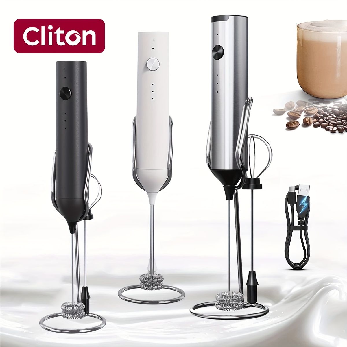 Rechargeable Electric Milk Frother with 2 Heads