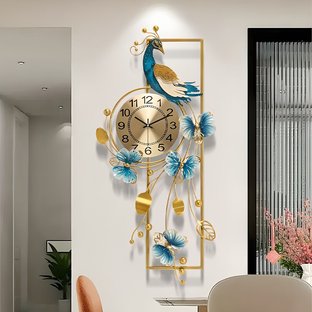 34.6-Inch Elegant Peacock Butterfly Metal Wall Clock Home Decor