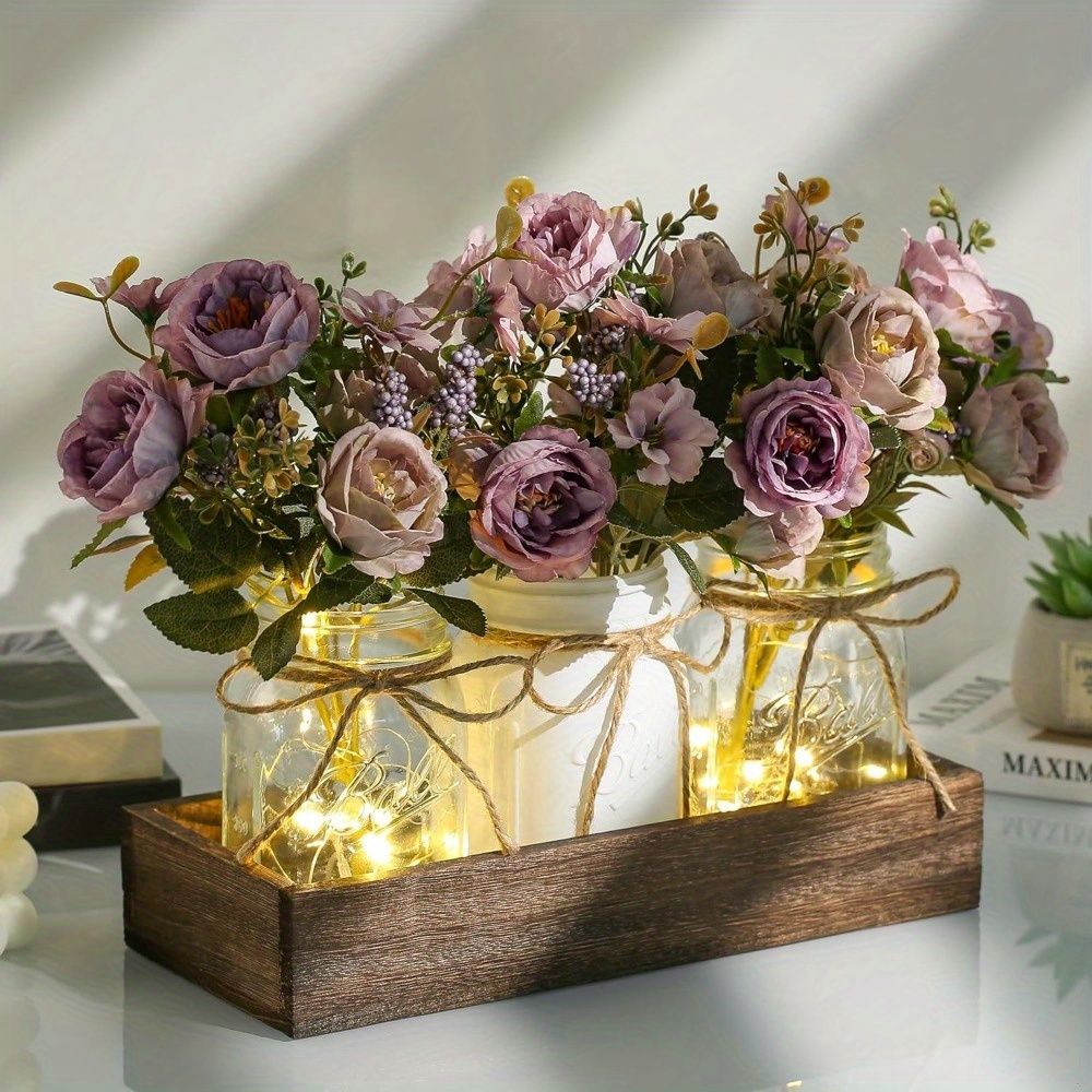 Mason Jar Centerpiece Set with Wood Tray and LED Light