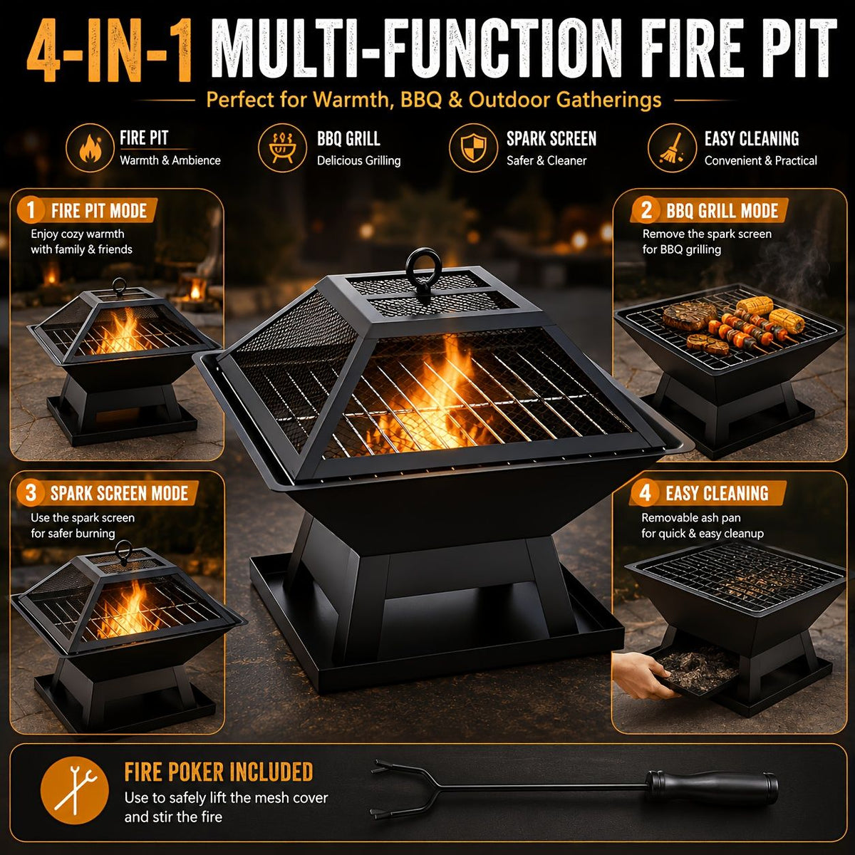 4-in-1 Wood Burning Fire Pit with Cooking Screen and Poker
