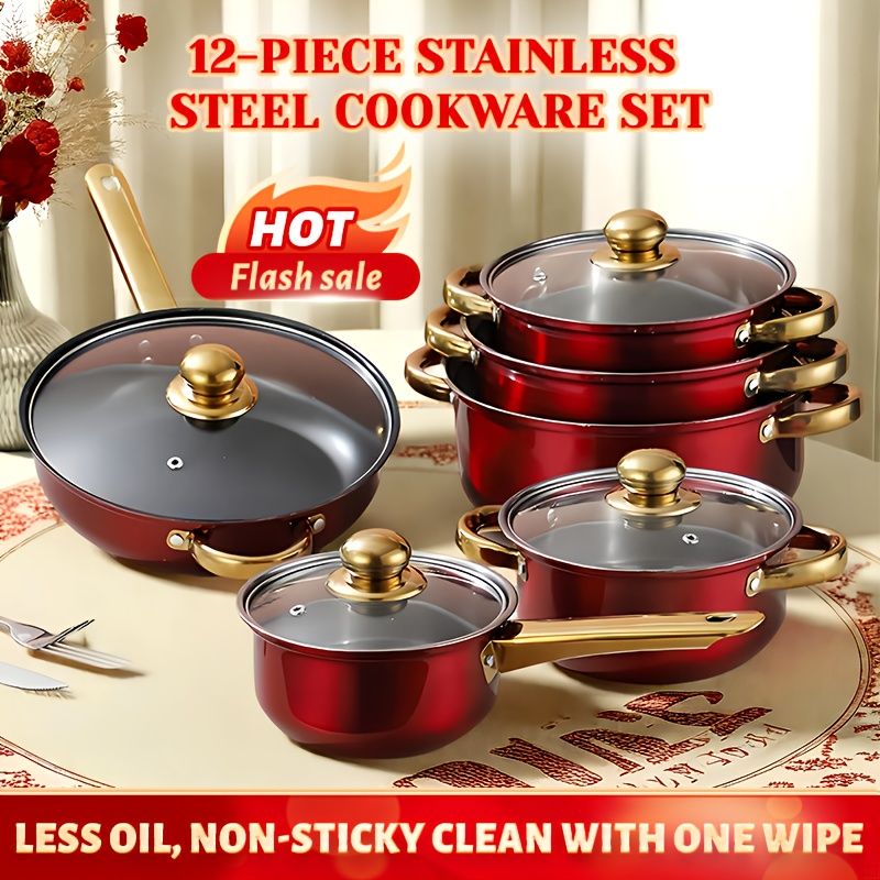 12-Piece Stainless Steel Cookware Set with Saucepans and Wok