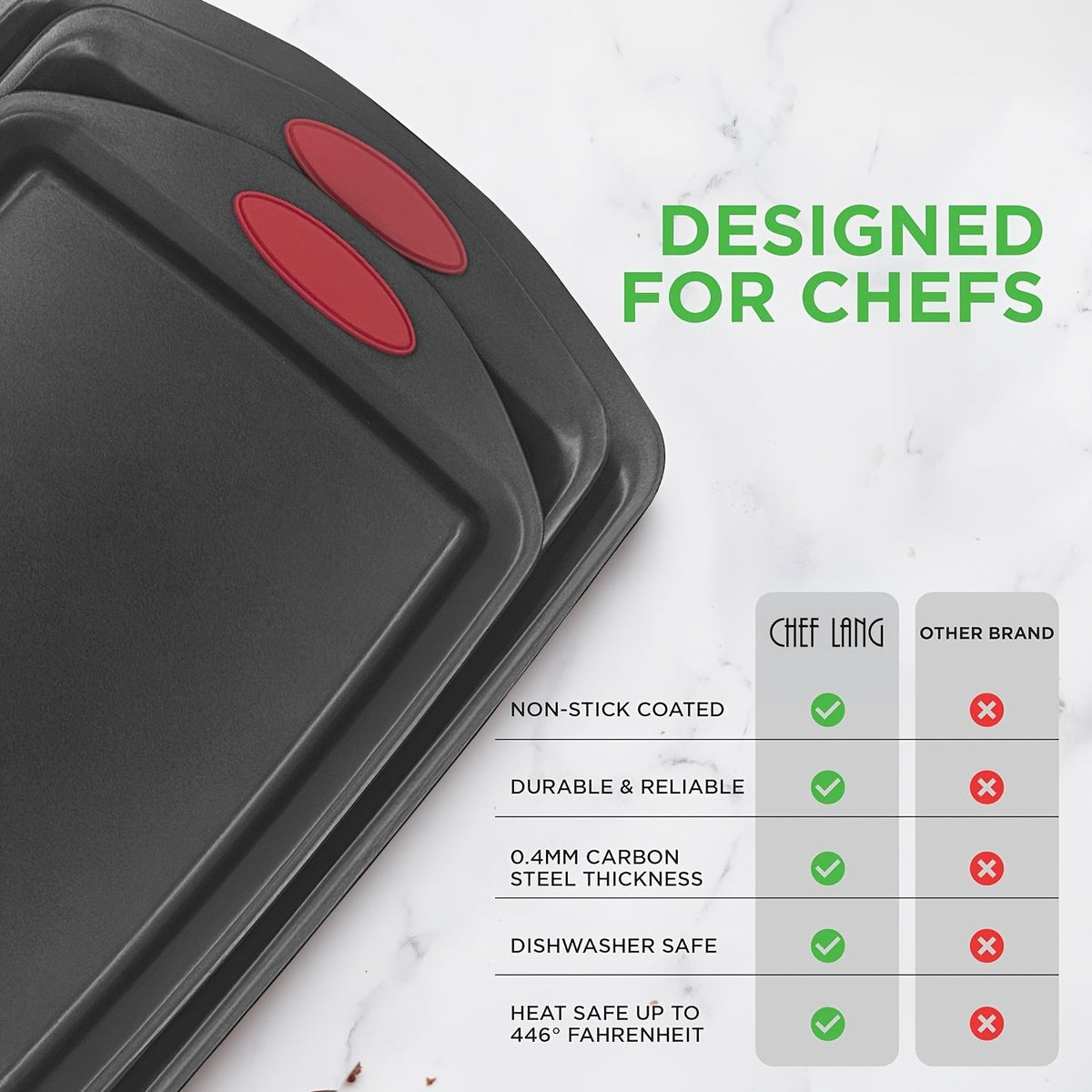 Non Stick Steel Baking Pan Set with Red Silicone Handles
