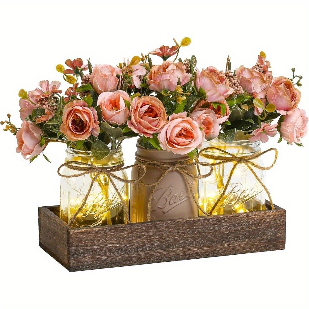 Mason Jar Centerpiece Set with Wood Tray and LED Light