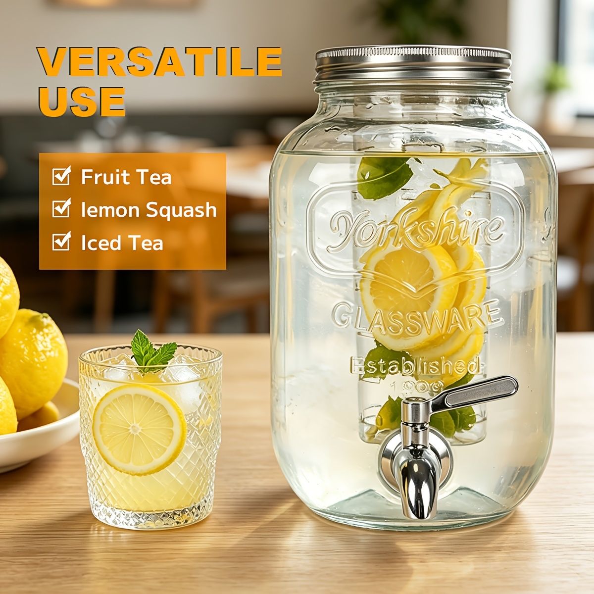2 Pack 1 Gallon Glass Drink Dispenser with Stand and Stainless Steel Spigot
