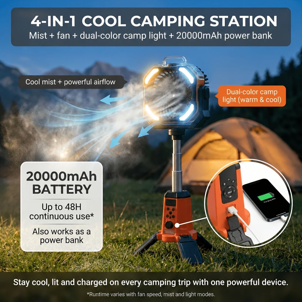 Portable Camping Fan Humidifier Lantern Power Bank