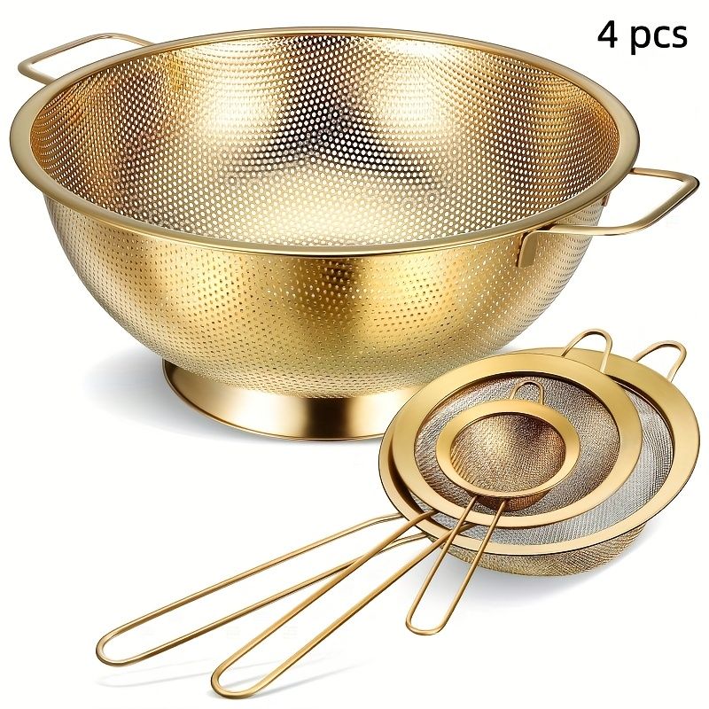 4-Piece Golden Stainless Steel Colander and Mesh Strainer Set