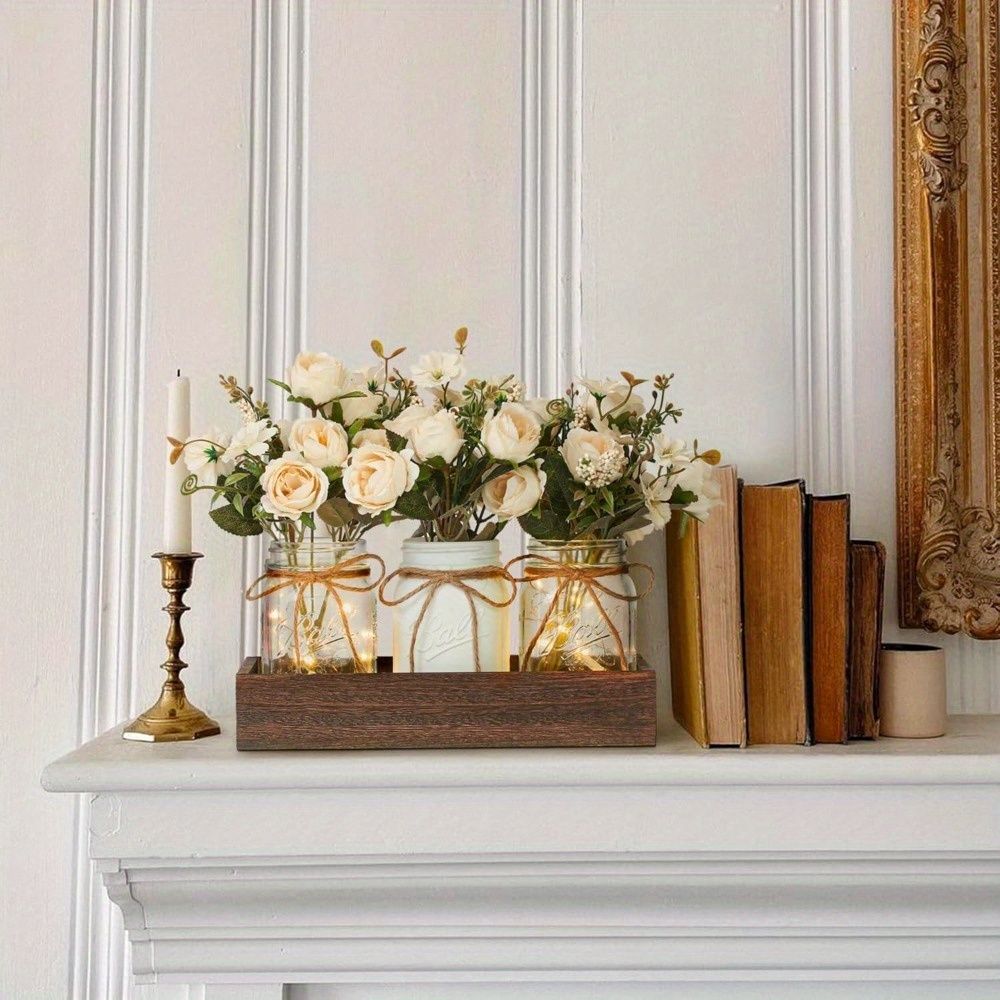 Mason Jar Centerpiece Set with Wood Tray and LED Light