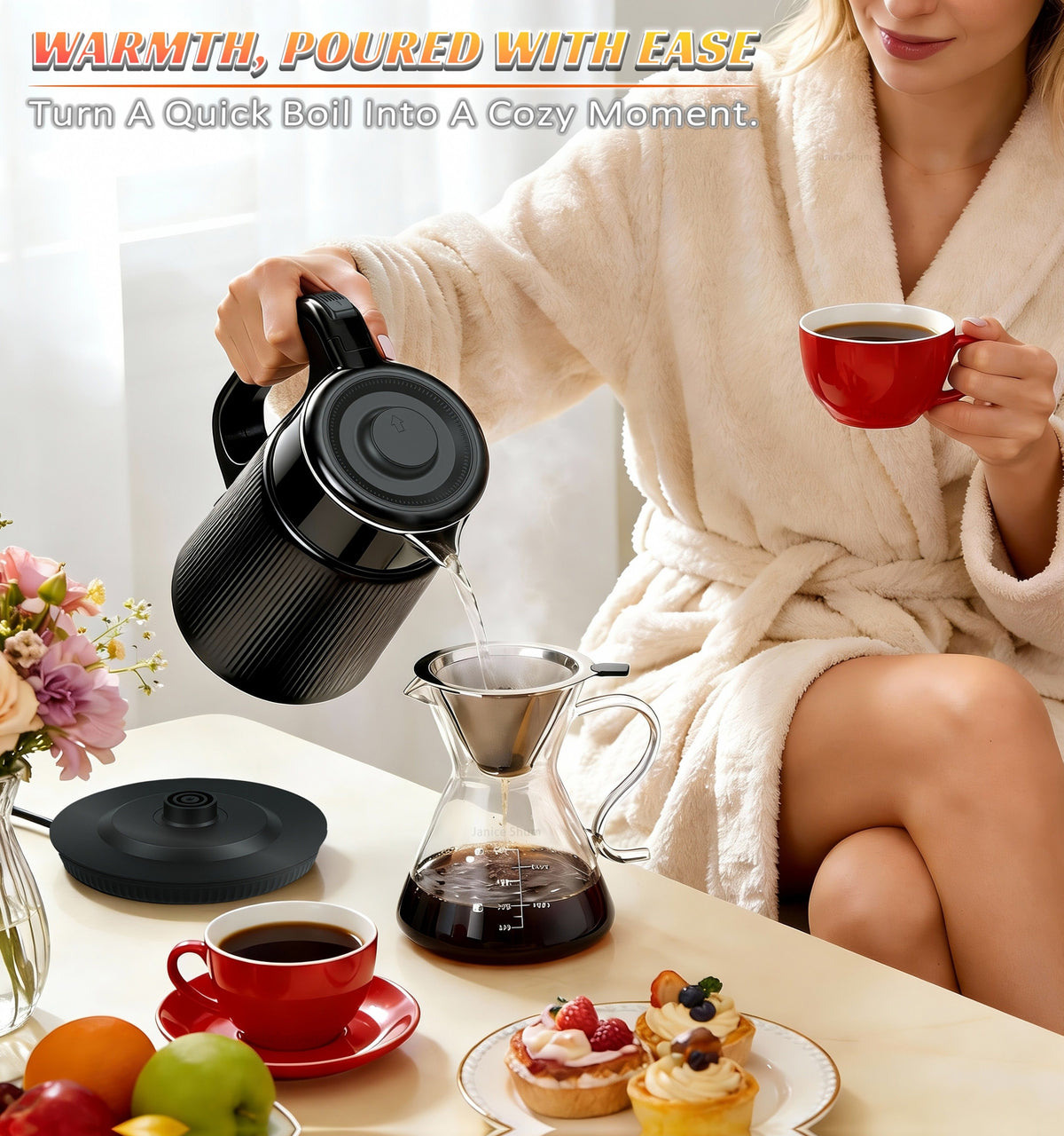1000W Electric Kettle 1.7L Water Boiler 304 Stainless Steel Double Wall Auto Shut Off