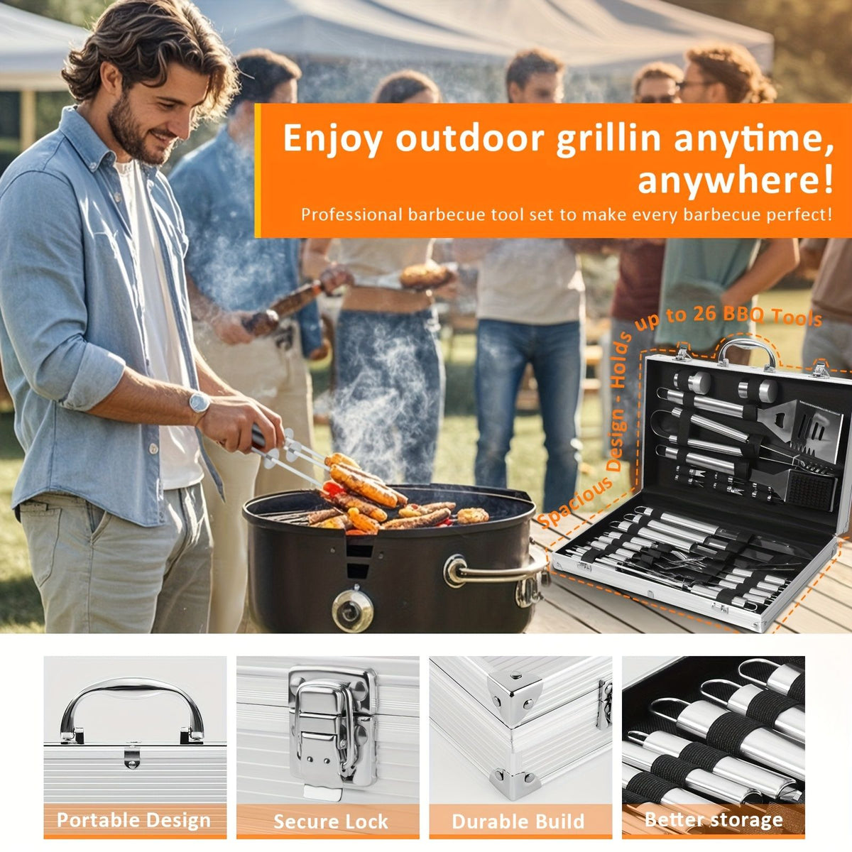 Heavy Duty Stainless Steel BBQ Accessories Set with Aluminum Storage Case