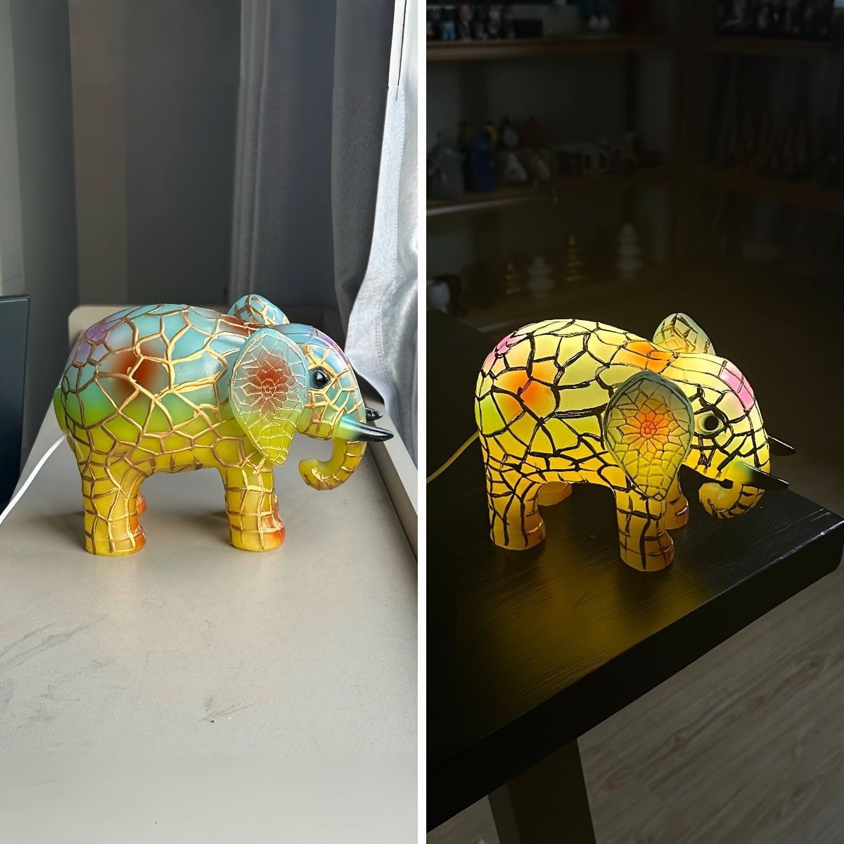 Stained Glass Elephant LED Lamp USB Resin Sculpture