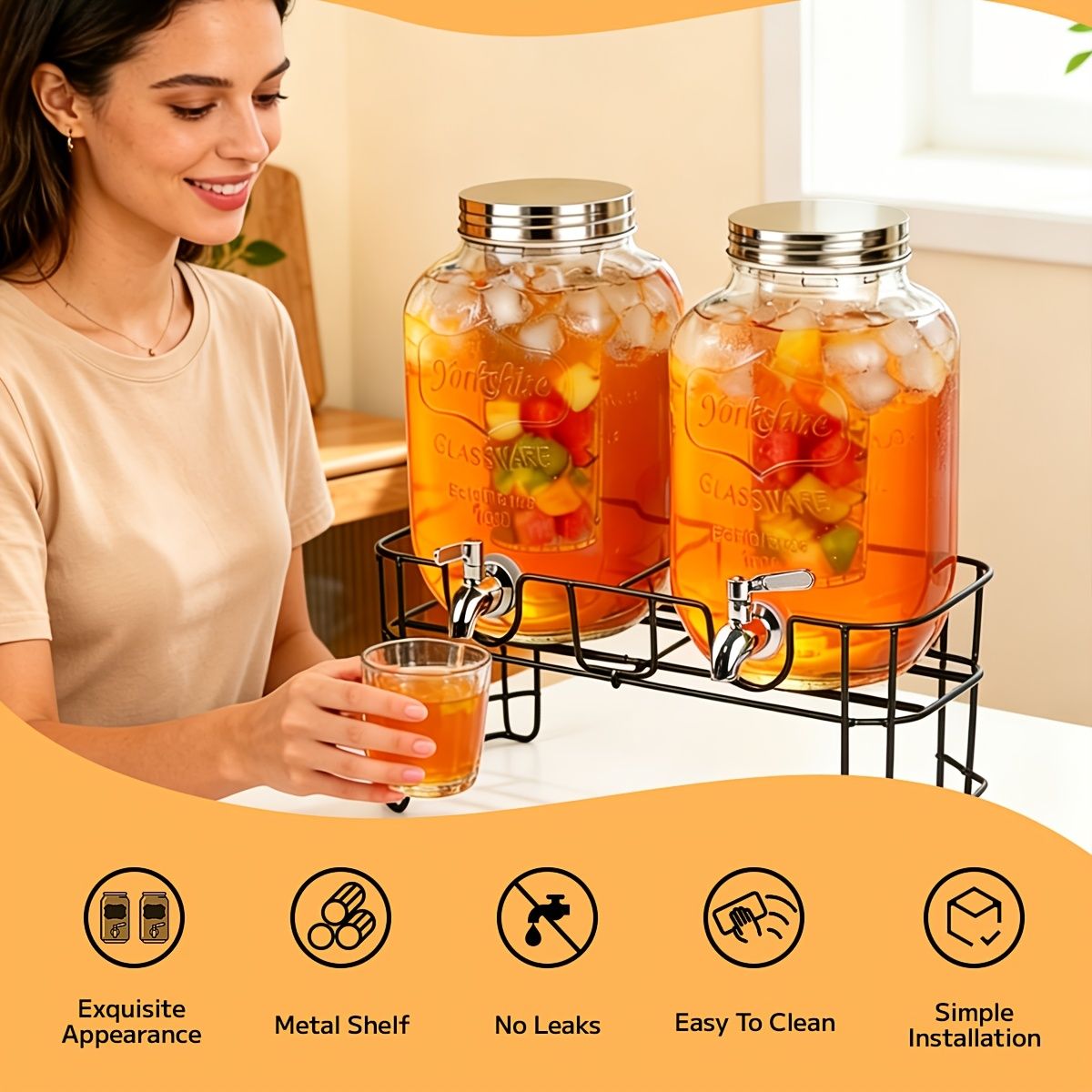 2 Pack 1 Gallon Glass Drink Dispenser with Stand and Stainless Steel Spigot