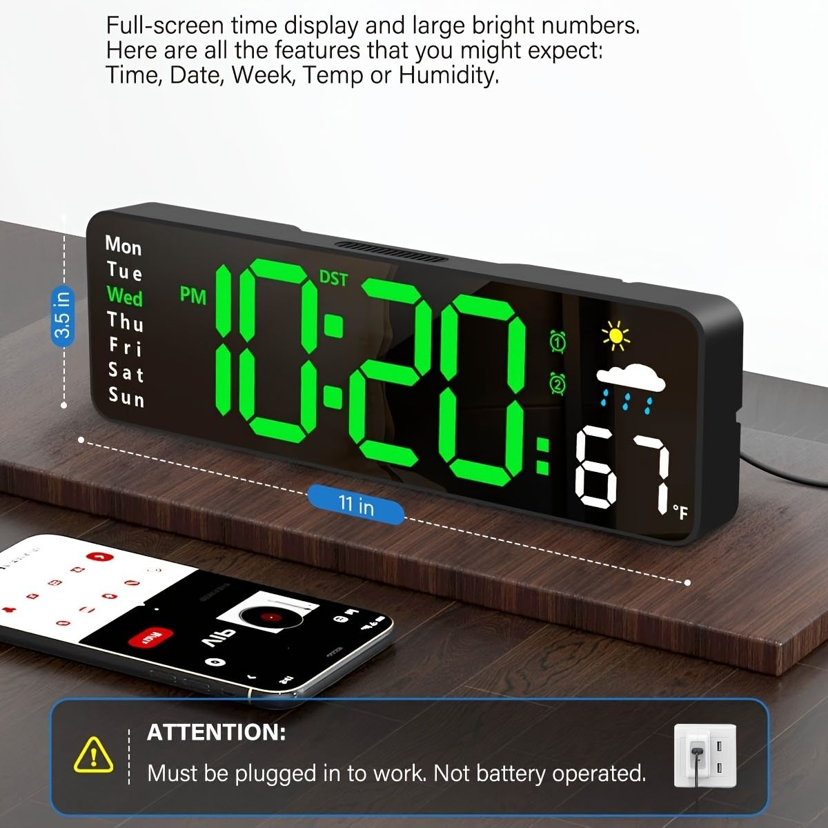 11" Digital Wall Clock with Remote RGB Backlight Alarm