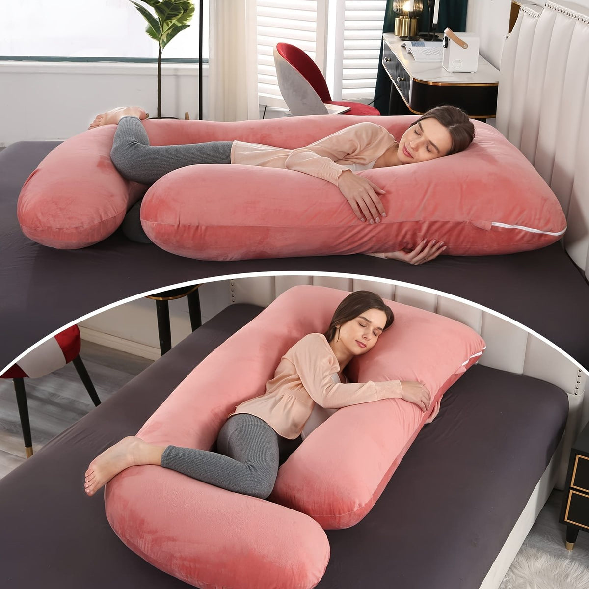 60 Inch J-Shaped Full Body Maternity Pillow with Velvet Pillowcase