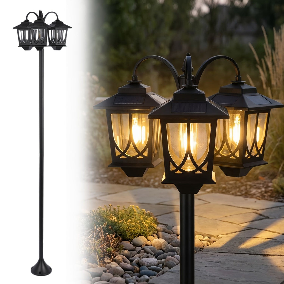 3-Headed Solar Outdoor Post Light 73 Inch Dusk to Dawn