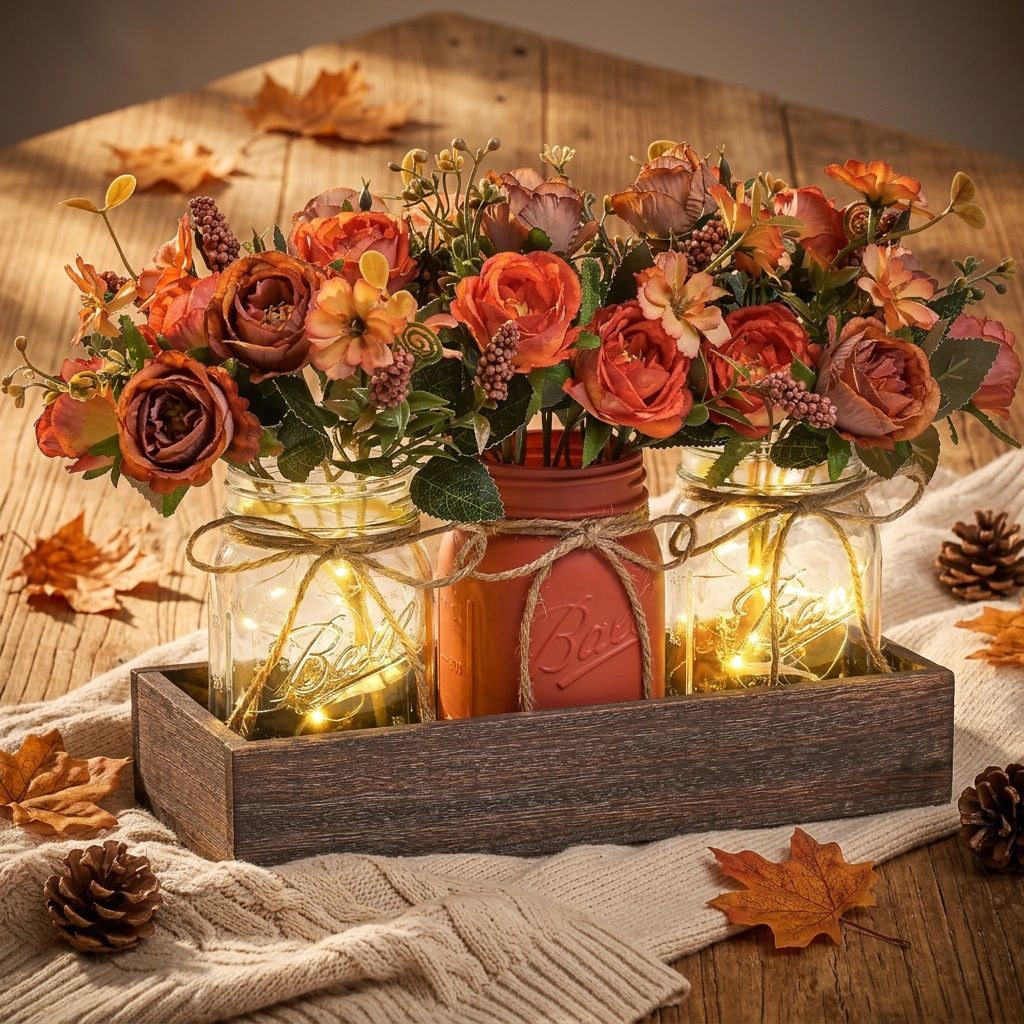 Mason Jar Centerpiece Set with Wood Tray and LED Light