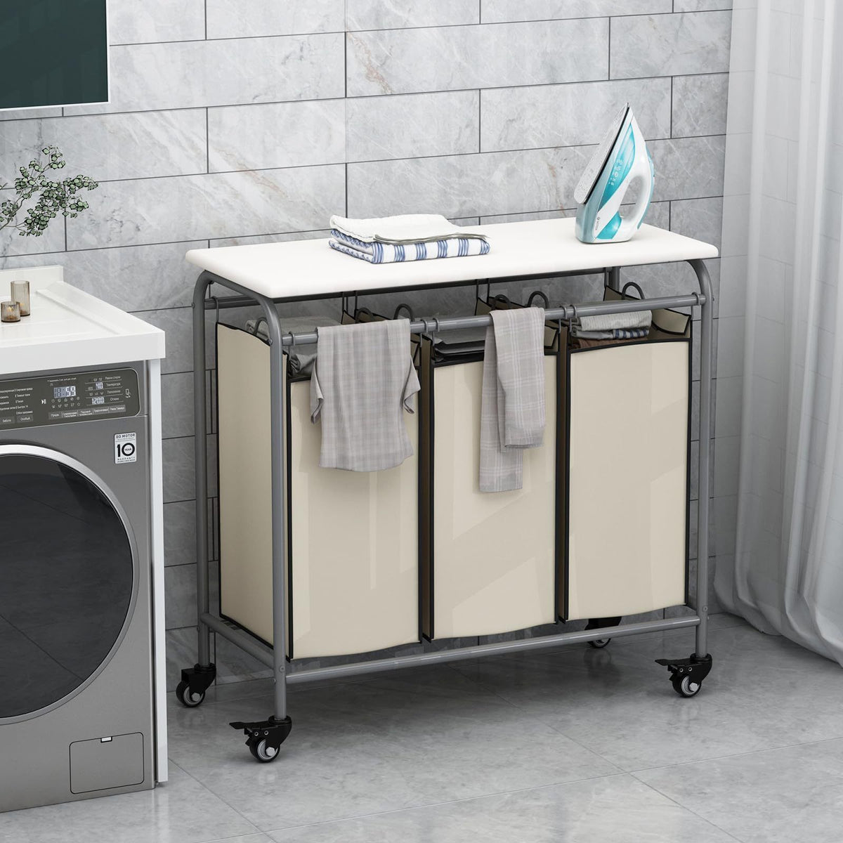 3-Bag Heavy Duty Rolling Laundry Sorter Cart with Ironing Board