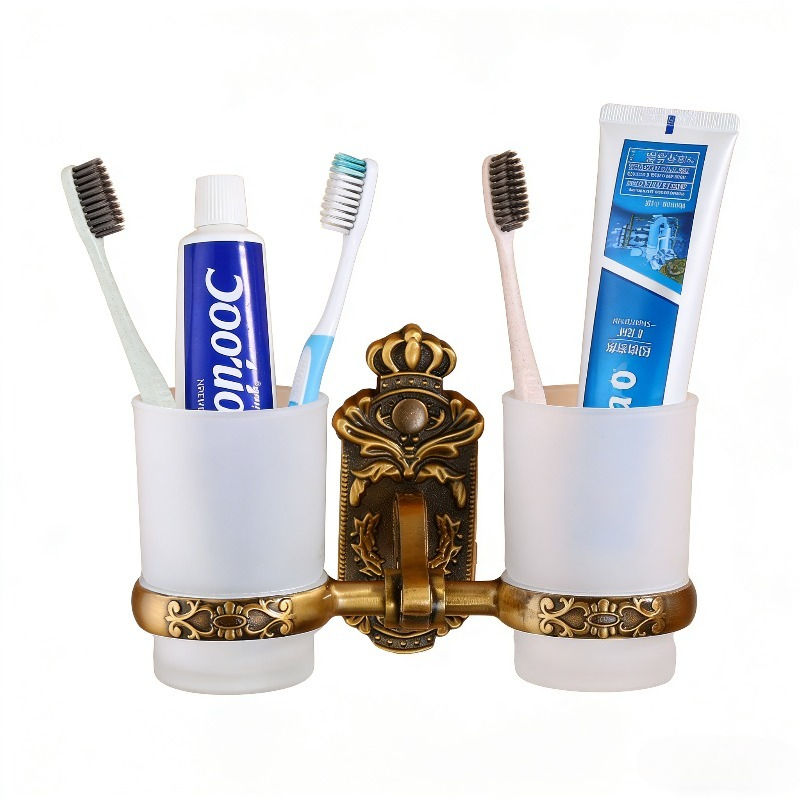 Modern Minimalist Wall-Mounted Double Cup Toothbrush Holder with Glass Base