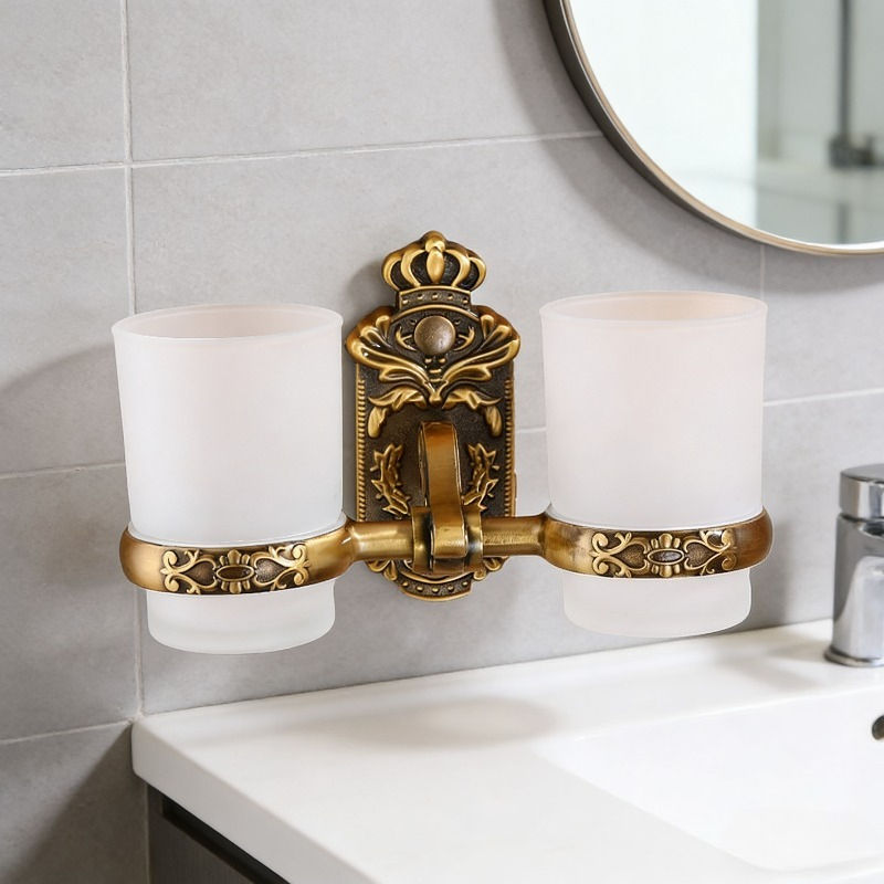 Modern Minimalist Wall-Mounted Double Cup Toothbrush Holder with Glass Base