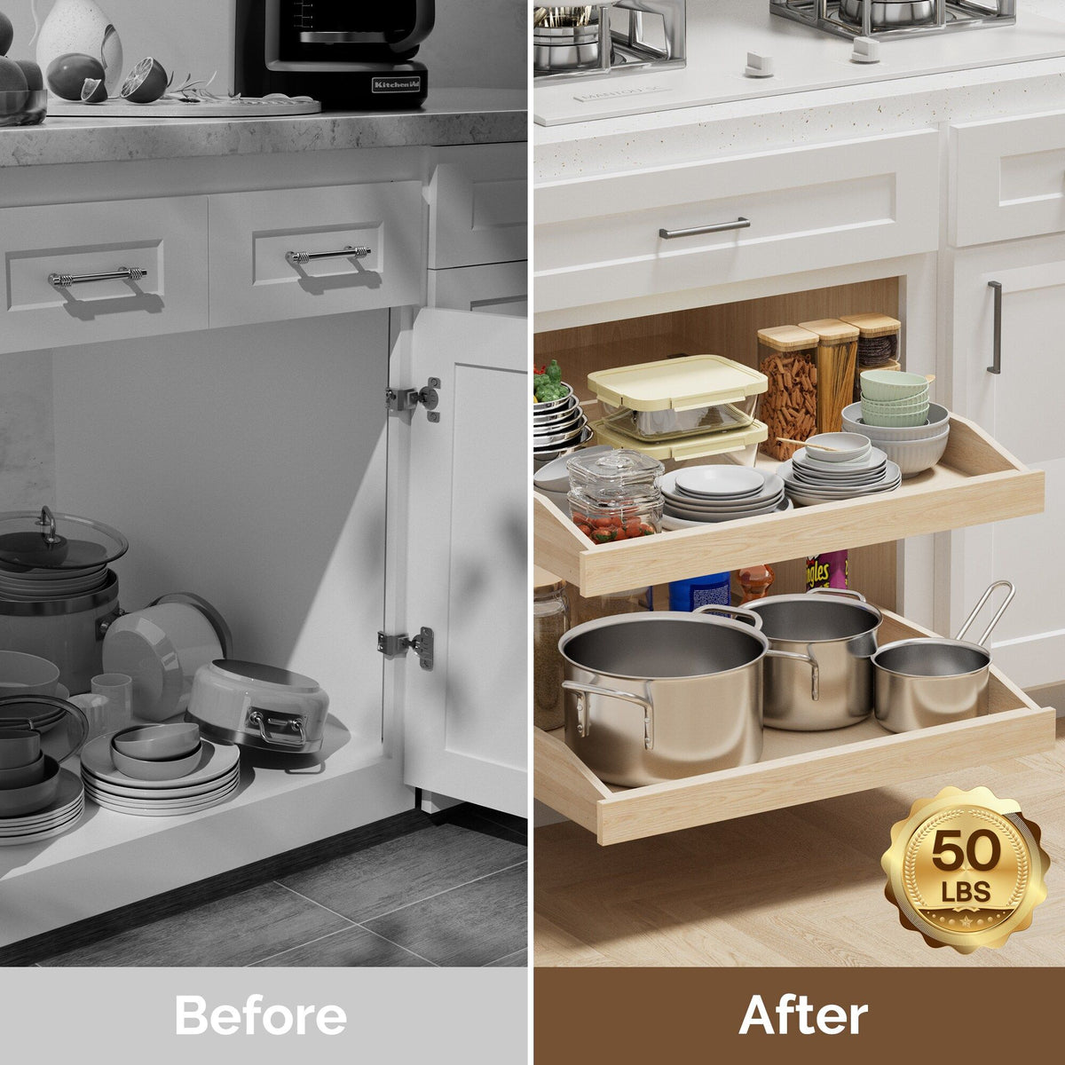 LOVMOR Soft-Close Wooden Pull-Out Cabinet Organizer Natural