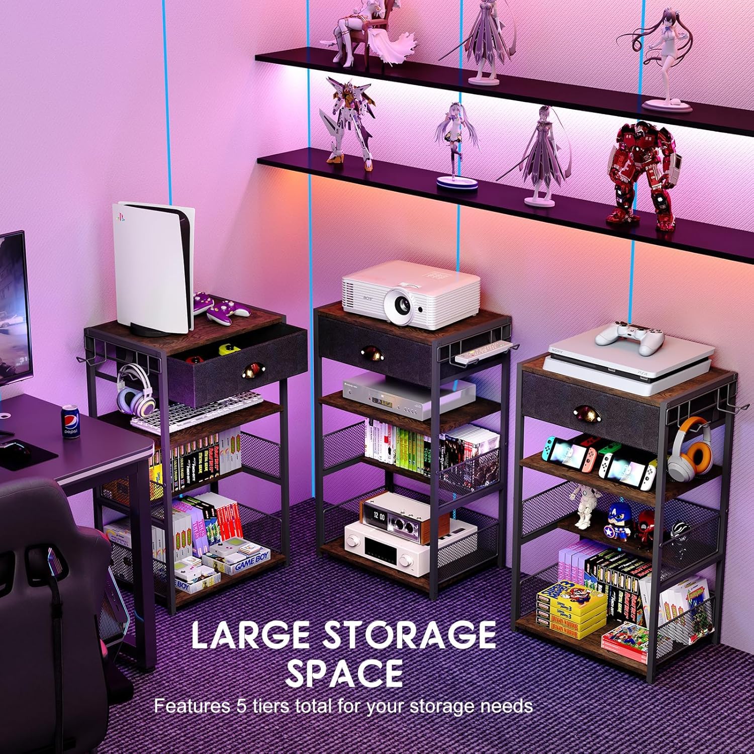 4-Tier Media Storage Tower with Drawer, Console Stand for PS5/Xbox/Switch