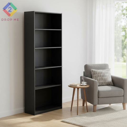 5-Shelf Bookcase with Adjustable Shelves – True Black Oak Finish