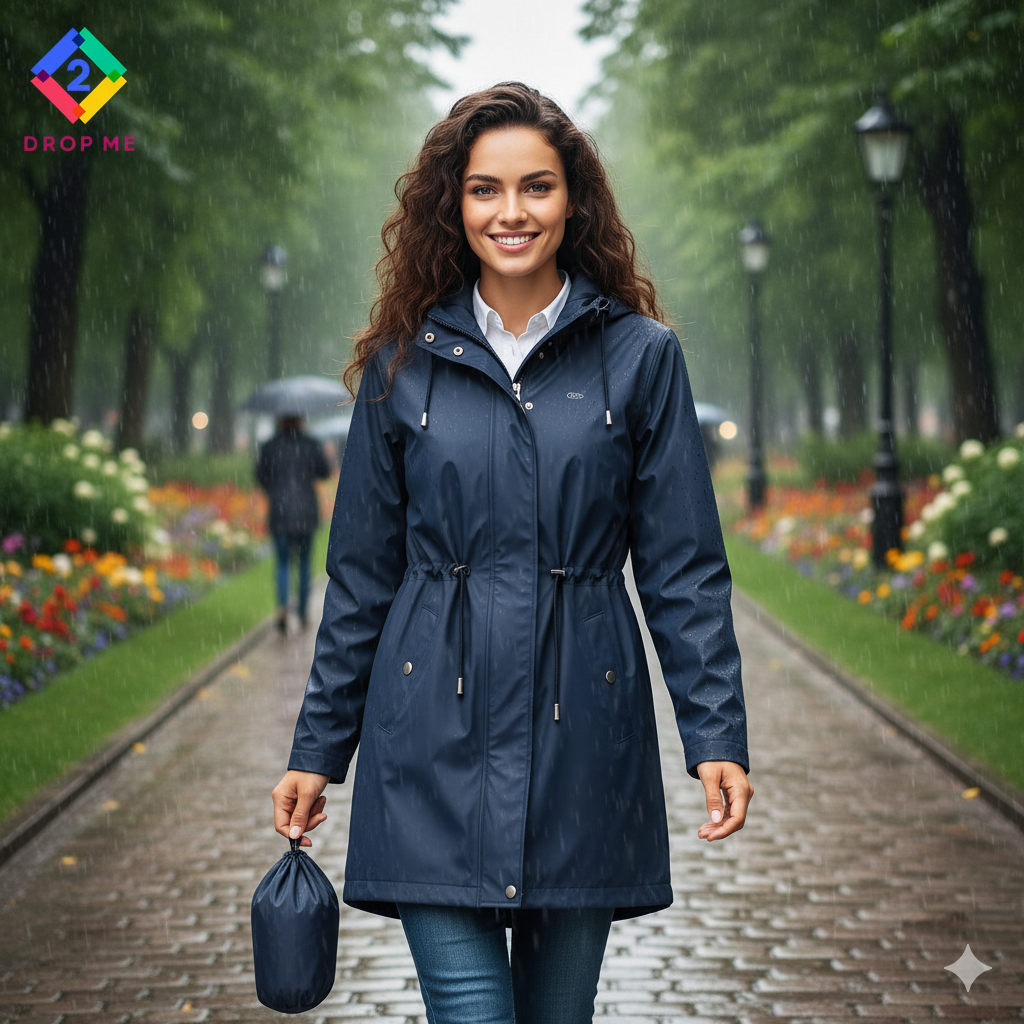 Front view of packable women’s rain jacket with adjustable waist