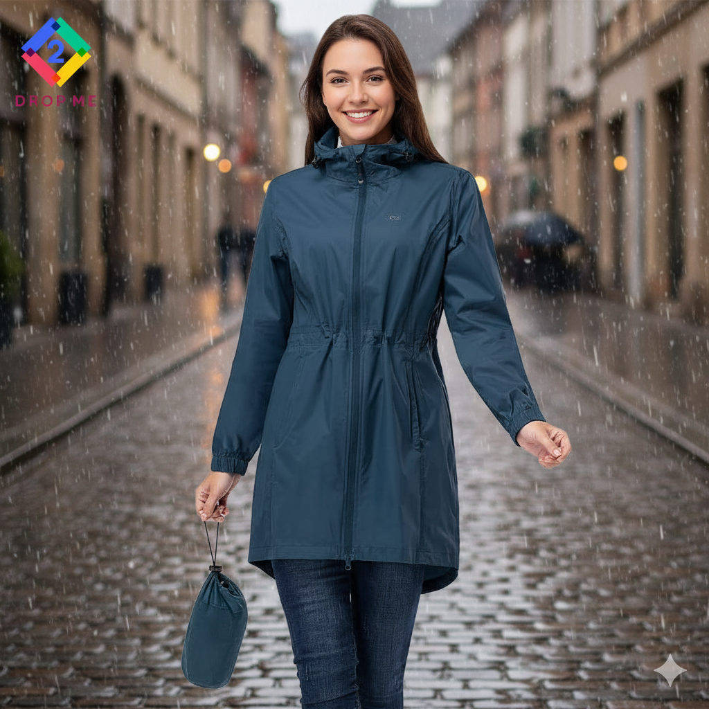Women’s hooded waterproof raincoat front view lightweight nylon
