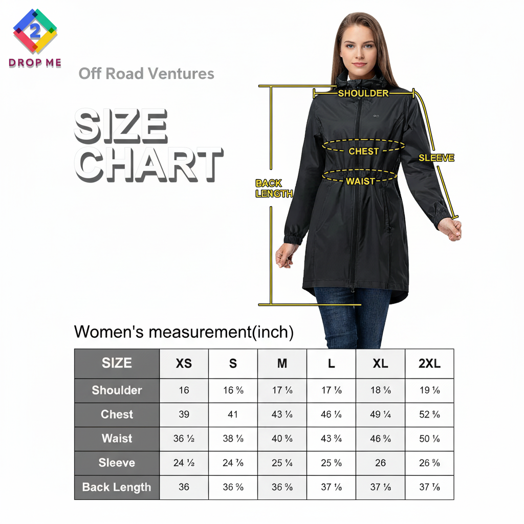 Women’s waterproof rain jacket size chart with shoulder, chest, waist, sleeve, and back length measurements