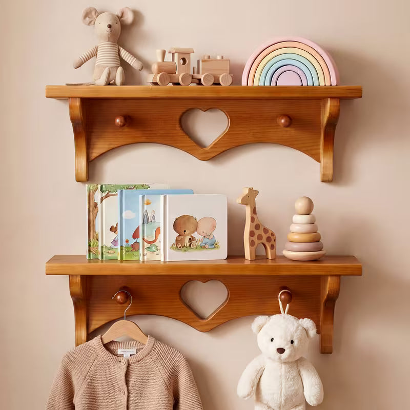 2-Piece 16in Wooden Heart Floating Shelves with Hooks