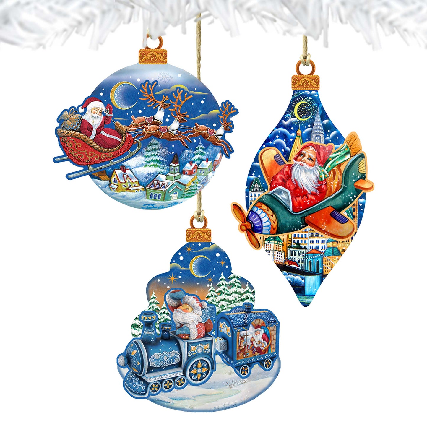 Traveling Santa Wooden Ornaments Set