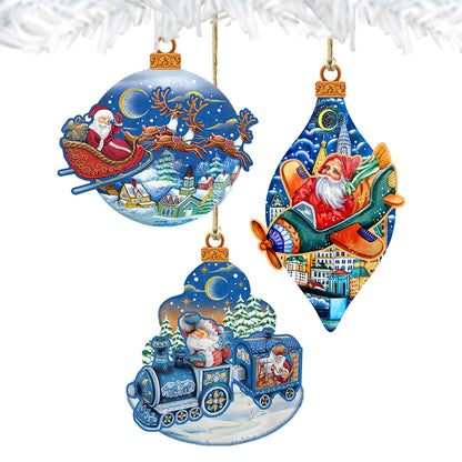 Traveling Santa Wooden Ornaments Set