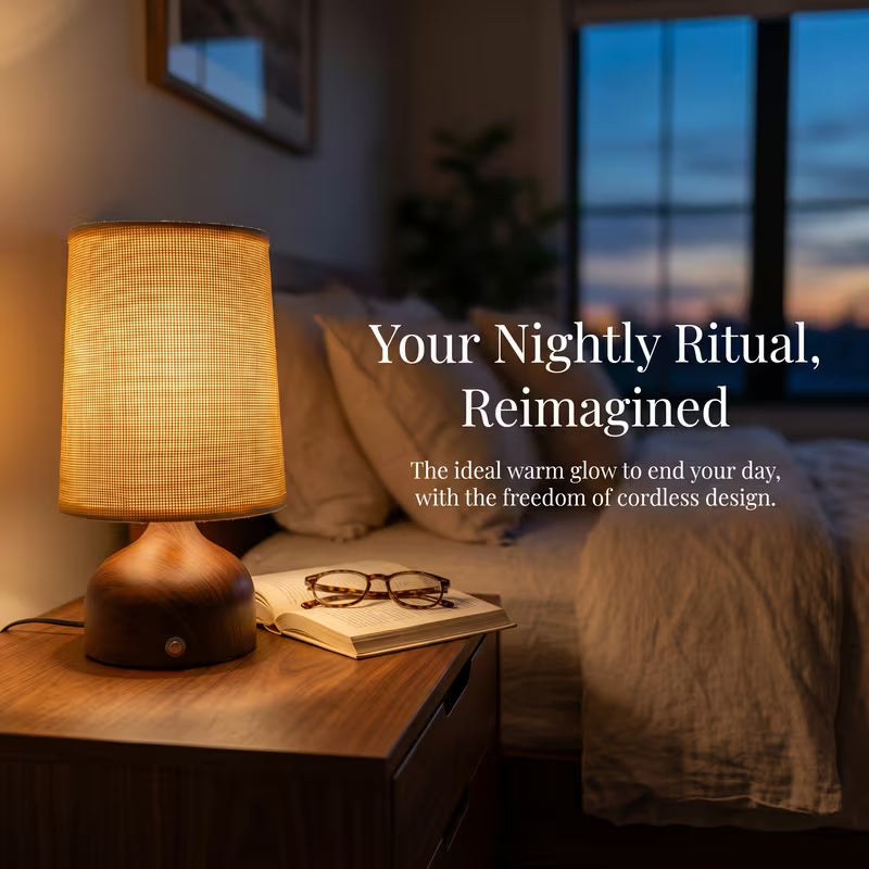 Wireless Rechargeable Wooden Table Lamp with Linen Shade