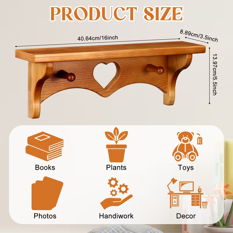 2-Piece 16in Wooden Heart Floating Shelves with Hooks