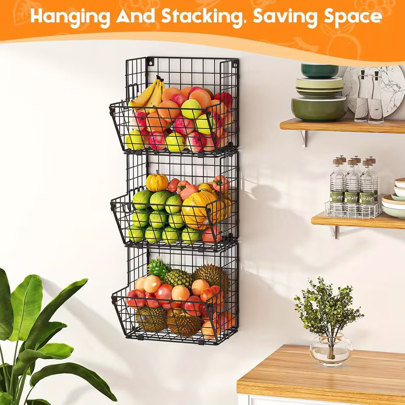 3-Tier Wall Mount Metal Wire Storage Basket with 5 S-Hooks