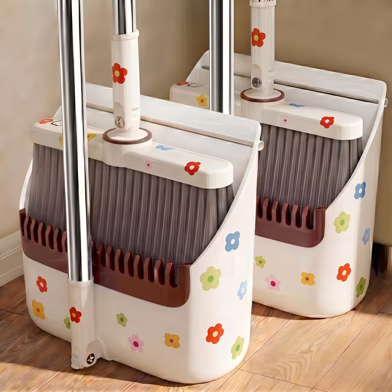 Upright Broom and Dustpan Set with Comb Teeth and Long Handle