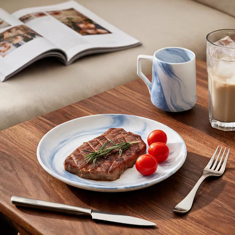 Marbled Round Ceramic Dinnerware Set with Plates and Bowls