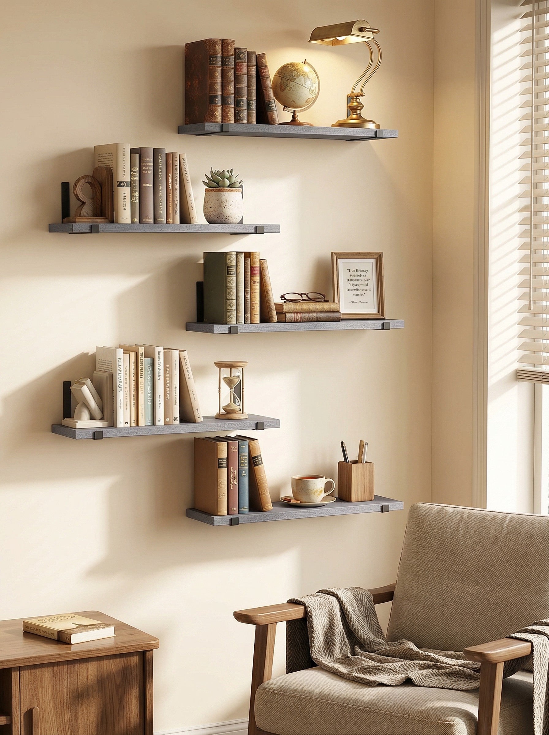 Wood Wall Shelves 15.8” with Metal Brackets – Rustic Floating Shelves | 5/8 Pack