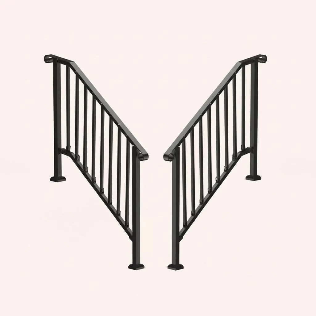 Outdoor Stair Handrail for 1–4 Steps, Adjustable Black Steel Railing