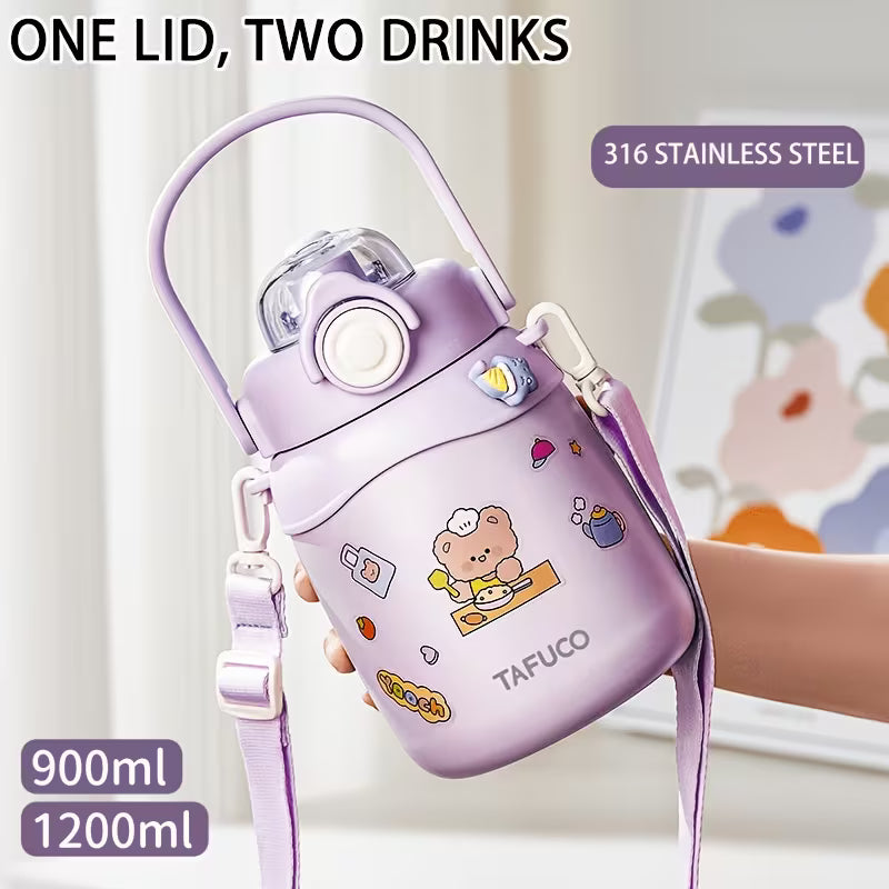 Large Belly Kawaii Insulated Vacuum Water Bottle with Strap