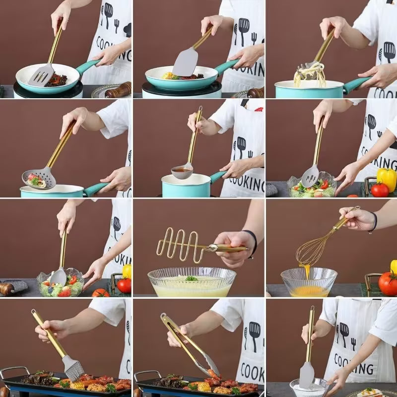 38-Piece Stainless Steel Cooking Utensil Set with Silicone Heads Gold