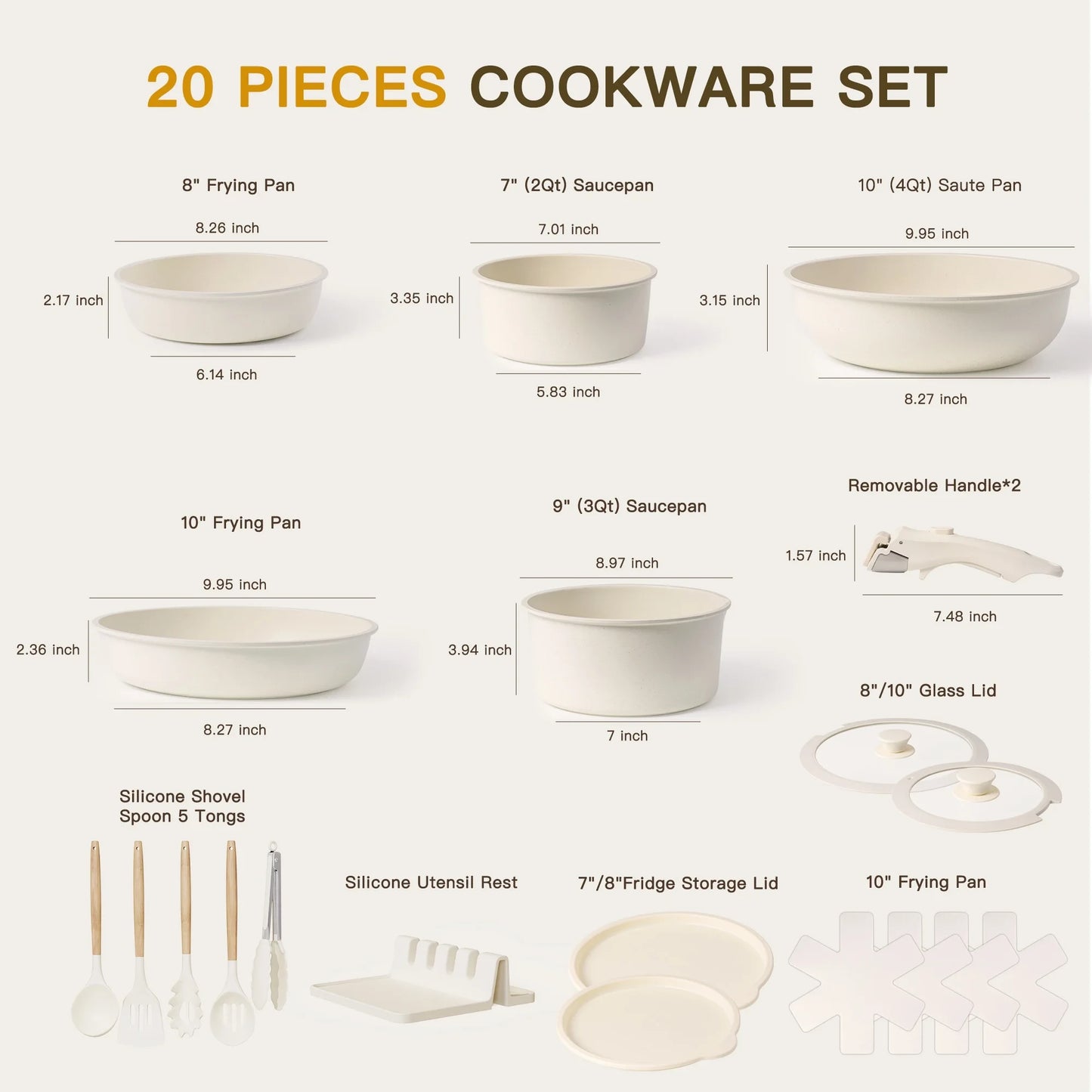 20 Piece Ceramic Pots and Pans Set Non Stick