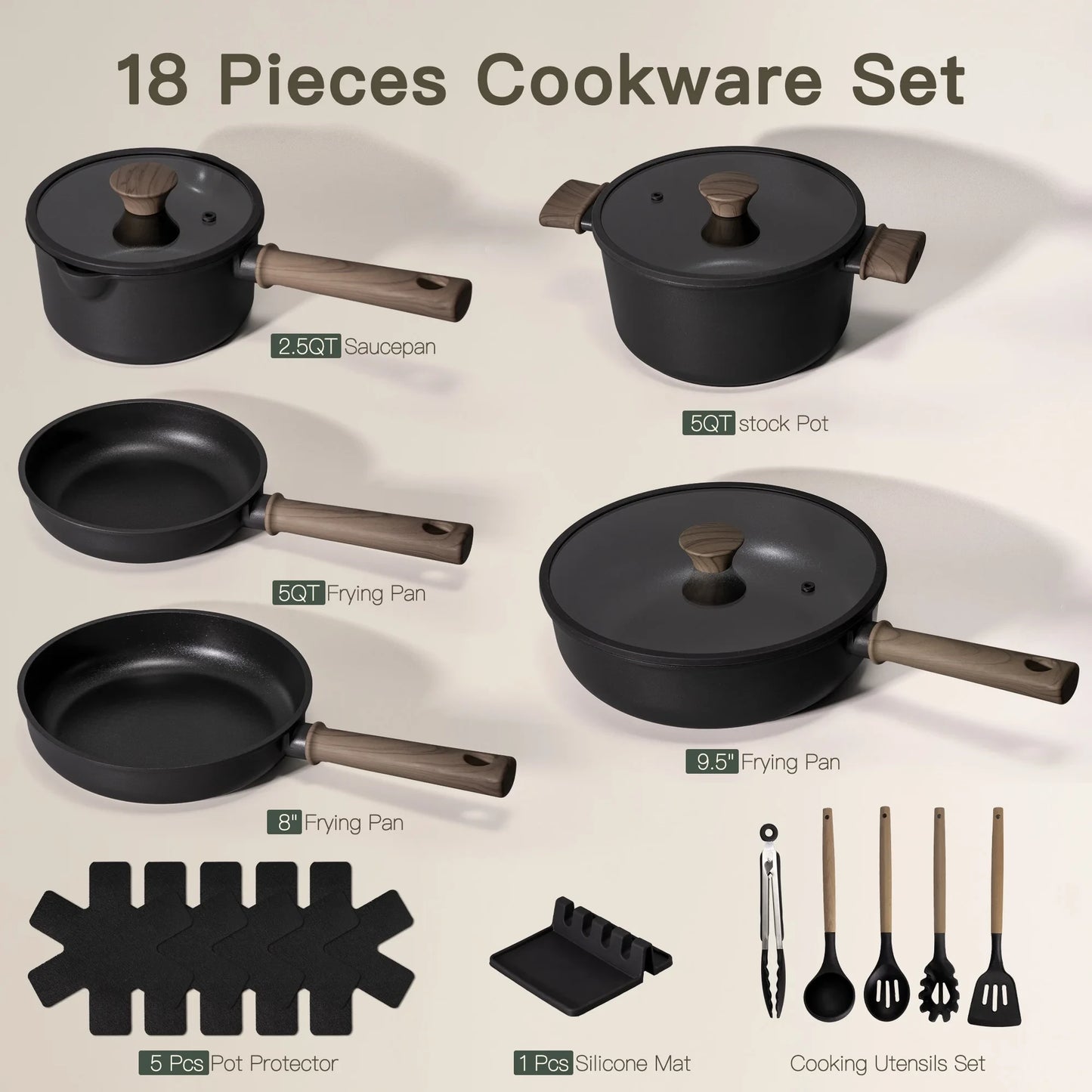 18-Piece Pots and Pans Set with Elegant Wooden Handle