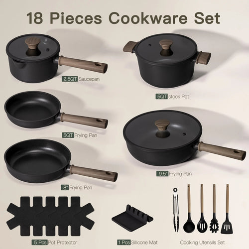 18-Piece Pots and Pans Set with Elegant Wooden Handle