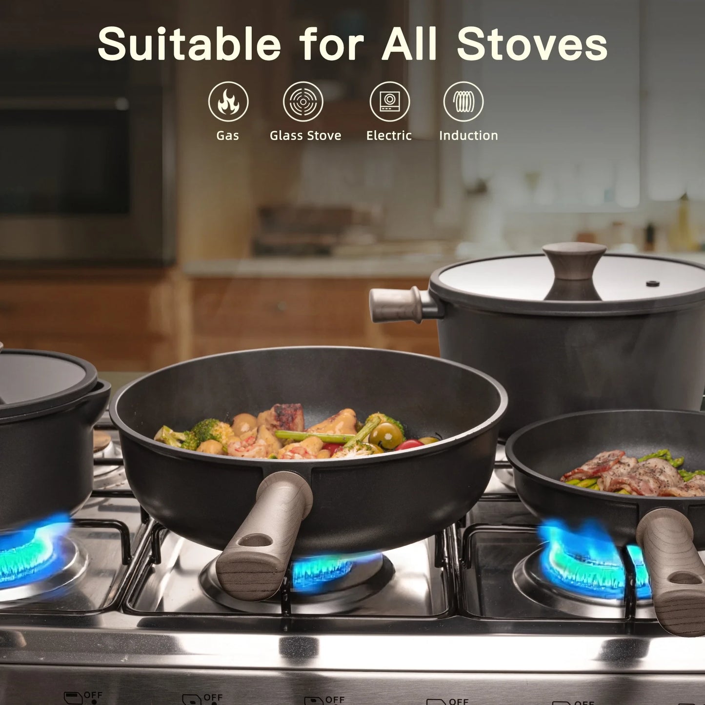 18-Piece Pots and Pans Set with Elegant Wooden Handle