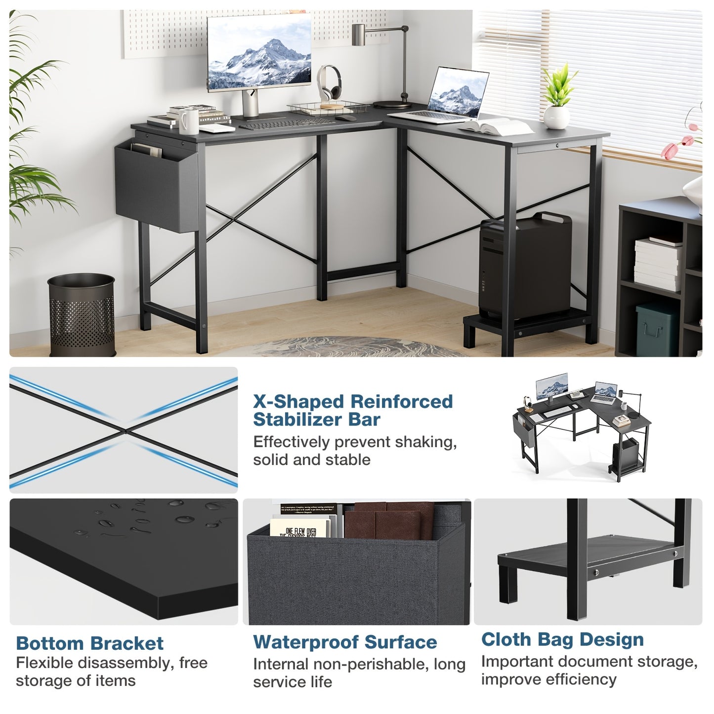 L-Shaped Corner Computer Desk with Storage Pocket | Wooden Home Office / Gaming