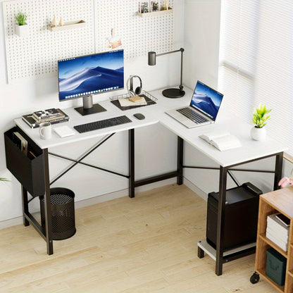 L-Shaped Corner Computer Desk with Storage Pocket | Wooden Home Office / Gaming