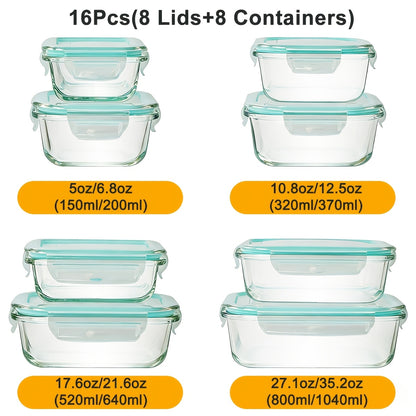 16-Piece Glass Food Storage Containers with Lids – Durable Set