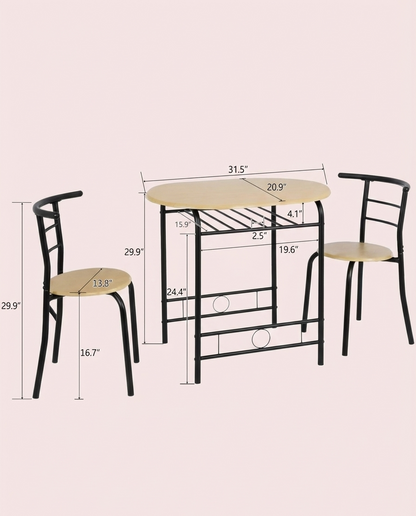 3-Piece Dining Set for 2 – Minimalist Wooden Table + 2 Metal Frame Chairs