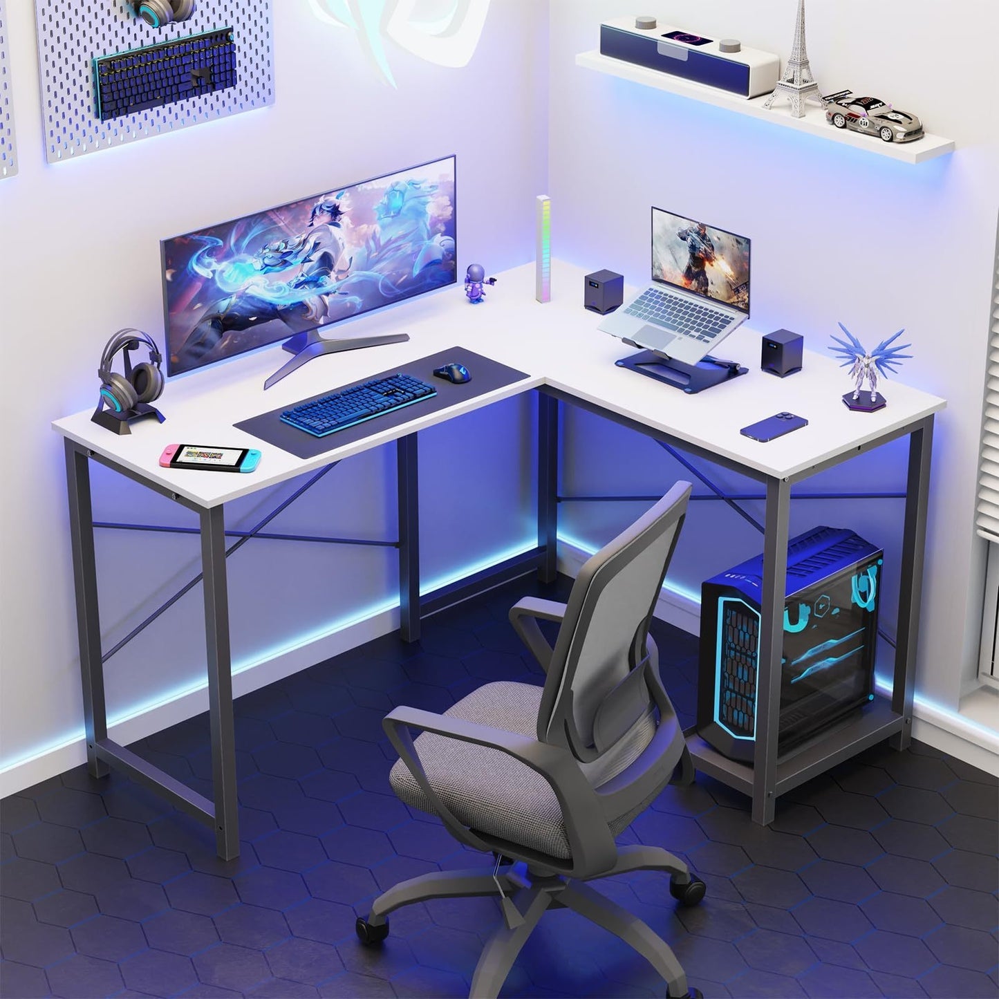 L-Shaped Corner Computer Desk with Storage Pocket | Wooden Home Office / Gaming