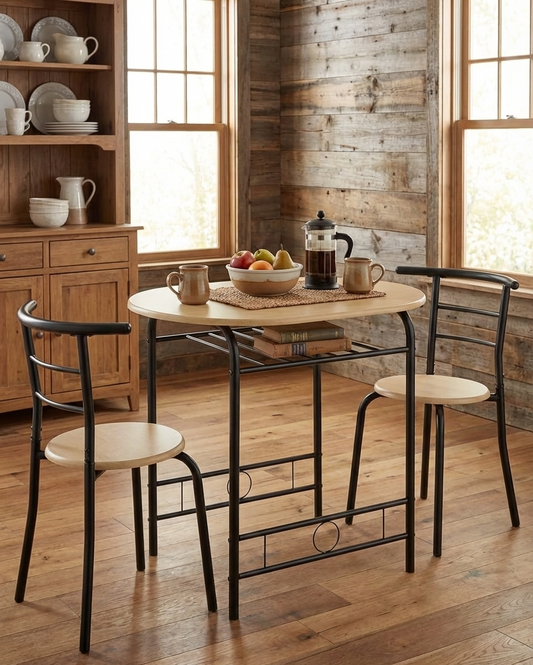 3-Piece Dining Set for 2 – Minimalist Wooden Table + 2 Metal Frame Chairs